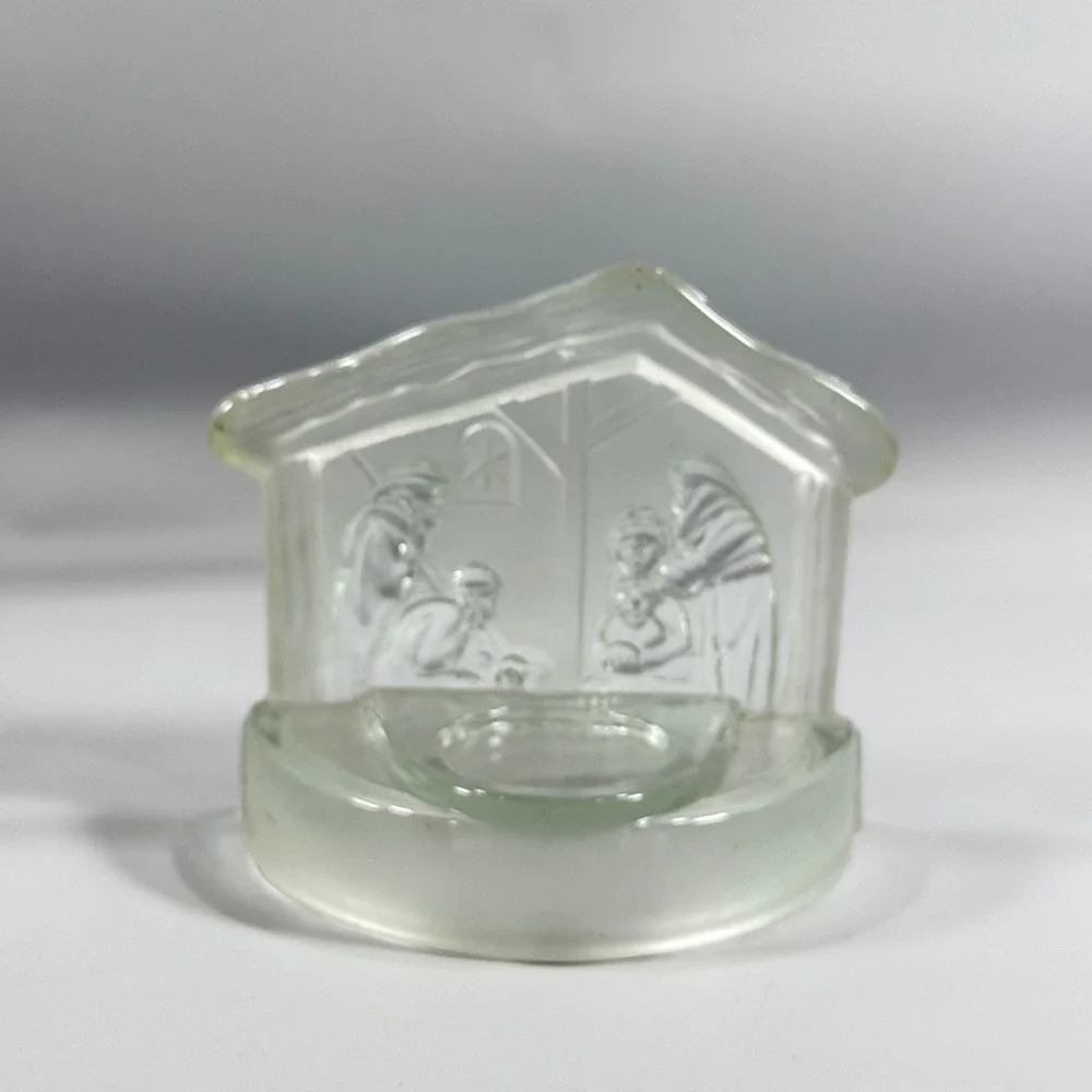 VTG Nativity Scene Votive Holder Frosted Glass Christmas Religious‎ Decor Small